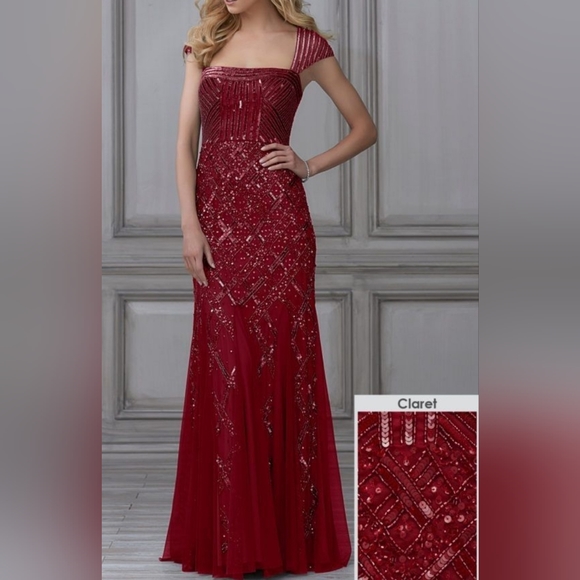 Beaded Adrianna Papell Cap Sleeve Square Neck Claret Red Dress Gown 6p - Picture 2 of 16